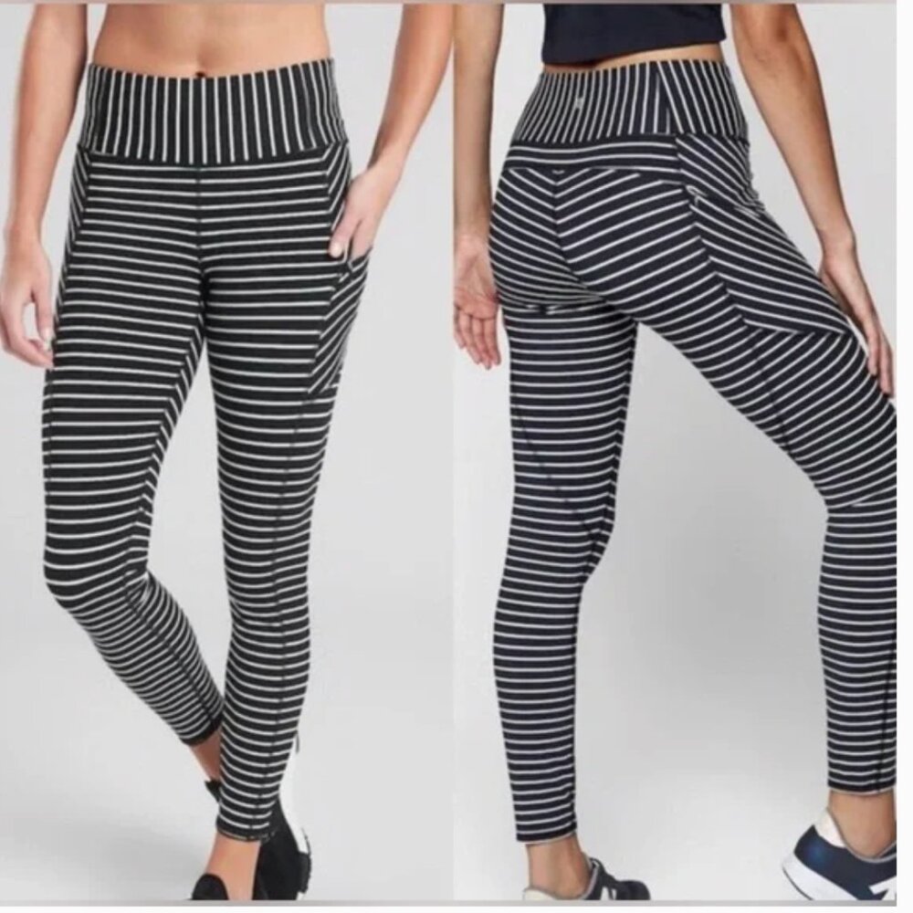 ATHLETA Navy & White Striped Contender Leggings Sz Small S
